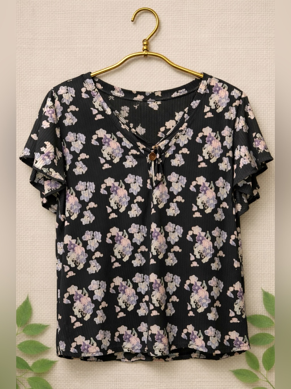 APEIYU Black Floral Short Sleeve Blouse – Size XL, Feminine Casual Top